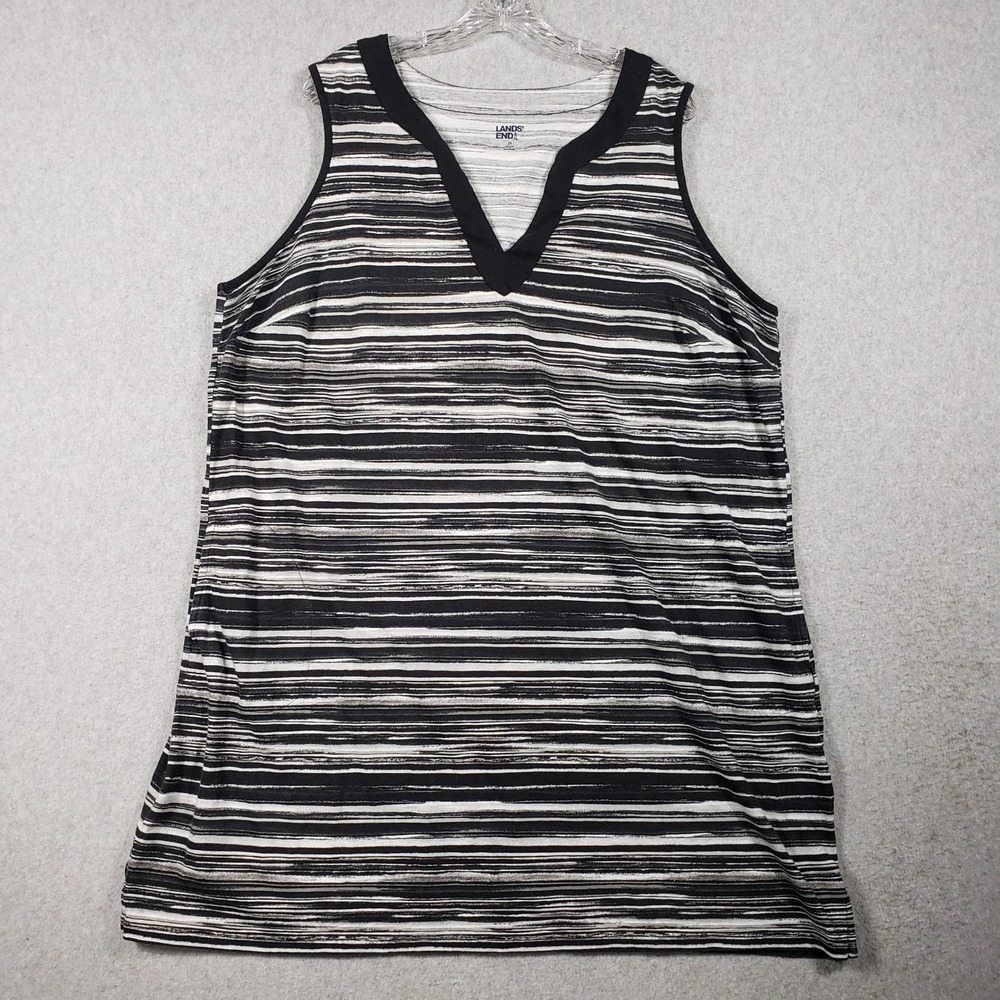 Lands' End Plus‎ Size 2X 20W 22W Black White Striped Sleeveless V-Neck Tank Top